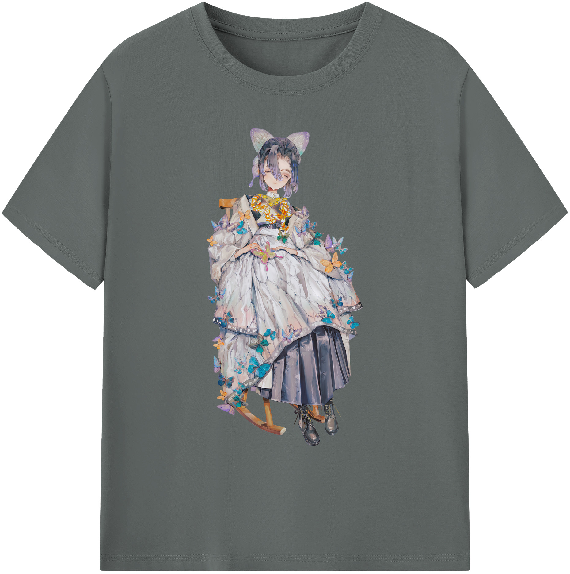 （画像用） 鬼滅の刃（きめつのやいば）蟲柱-胡蝶 しのぶ／こちょう しのぶ Kochou Shinobu 綿100％ メンズ半袖Tシャツ｜肌触りやわらか＆通気性